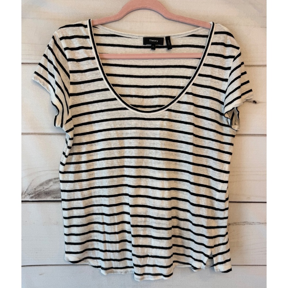 Theory Easy U-Neck Tee Navigate Stripe Linen Cotton Short Sleeve Top Large